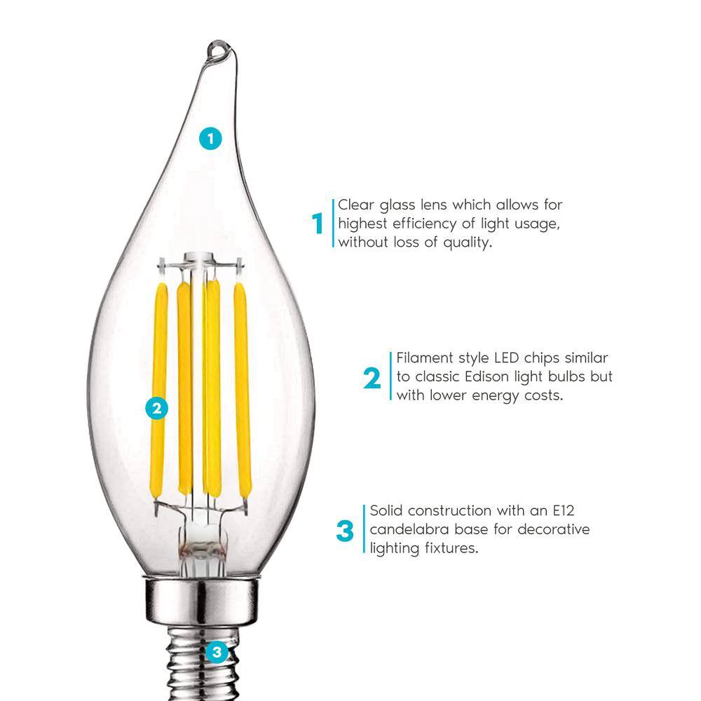LUXRITE 60 Watt Equivalent CA11 Dimmable Vintage Edison LED Light Bulb Flame Tip Clear Glass 4000K Cool White (24-Pack)