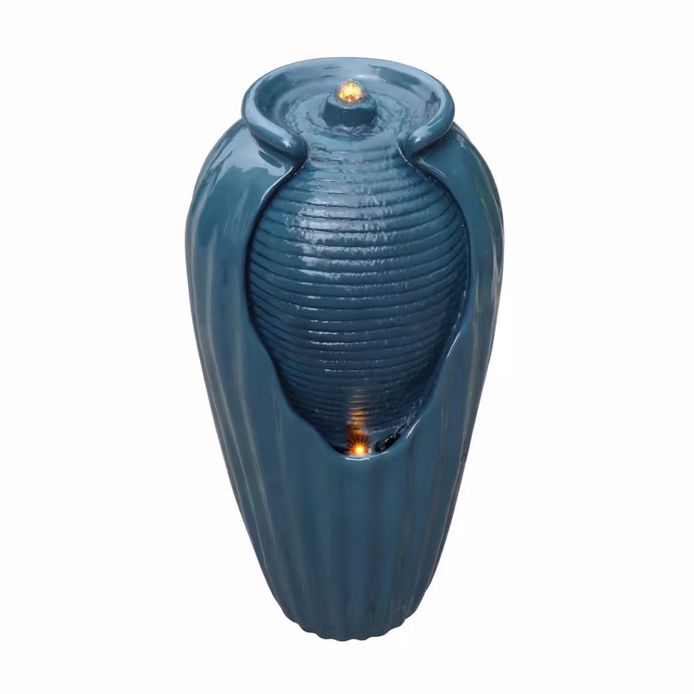 Teamson Home 32 in. Blue Glazed Vase Floor Fountain with LED Light