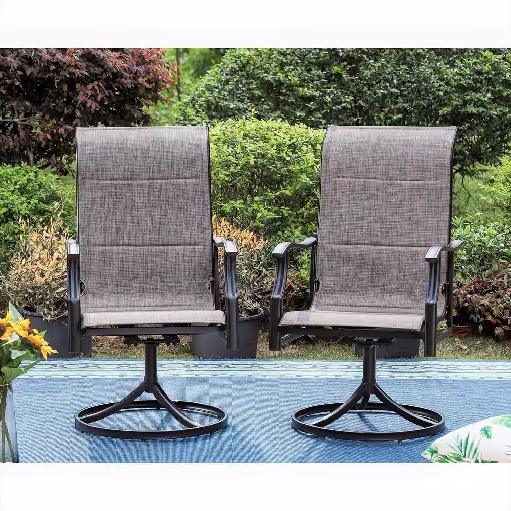None Black 7-Piece Metal Outdoor Dining Set with Padded Swivel Rocker Texitilene Chair and Wood-Look Patio Dining Table
