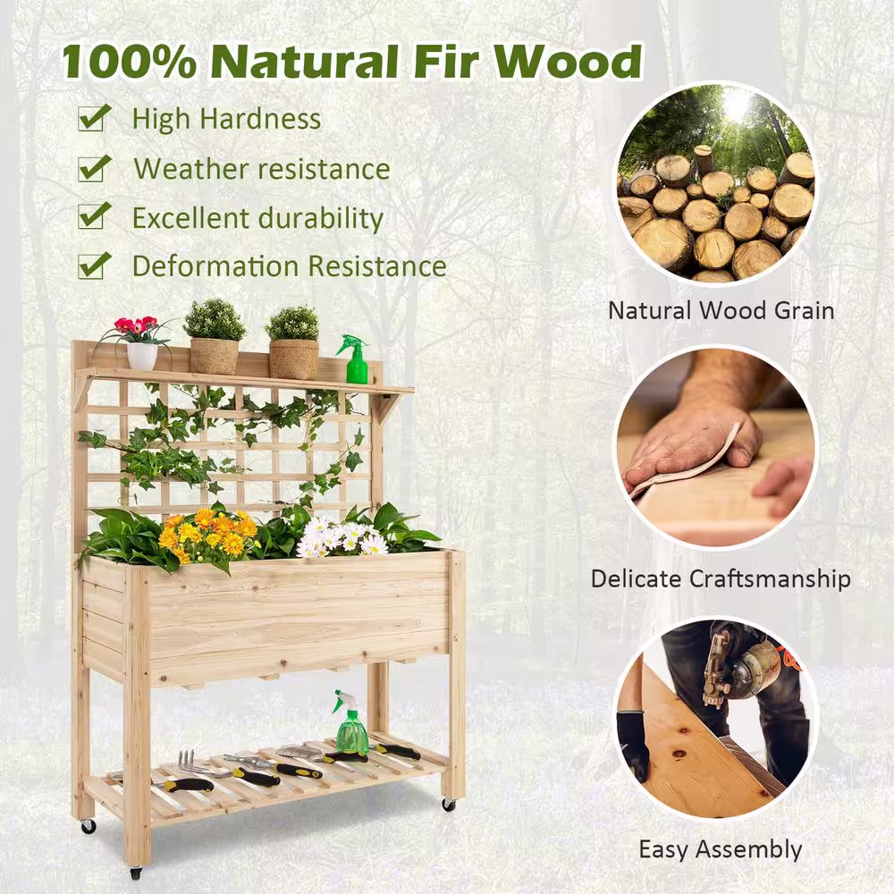 None 41.5 in. Fir Wood Raised Garden Bed with Wheels Trellis and Storage Shelf
