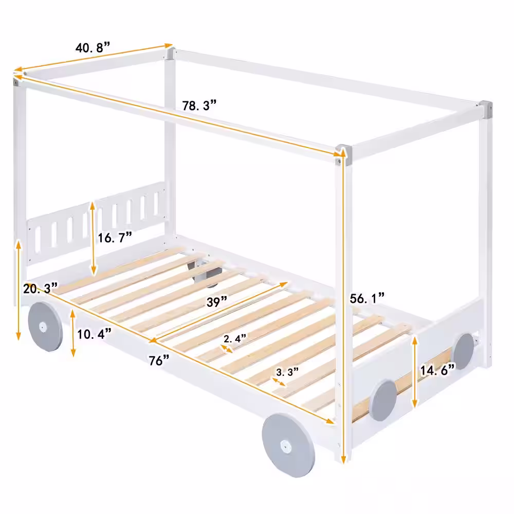Harper & Bright Designs Canopy Car-Shaped White Twin Size Wood Platform Bed
