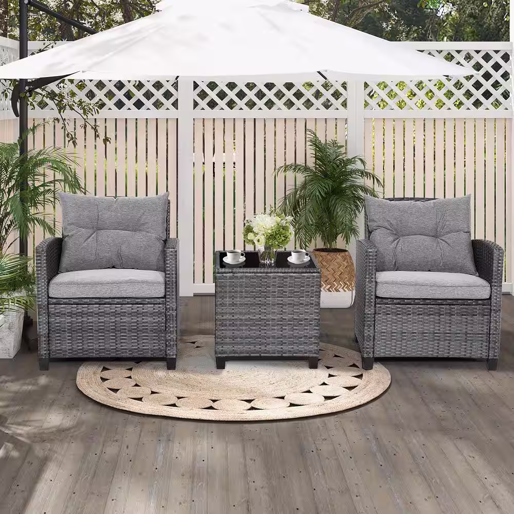 HONEY JOY 3-Piece Outdoor Furniture Set Wicker Patio Conversation Set with Gray Cushions Tempered Glass Side Table