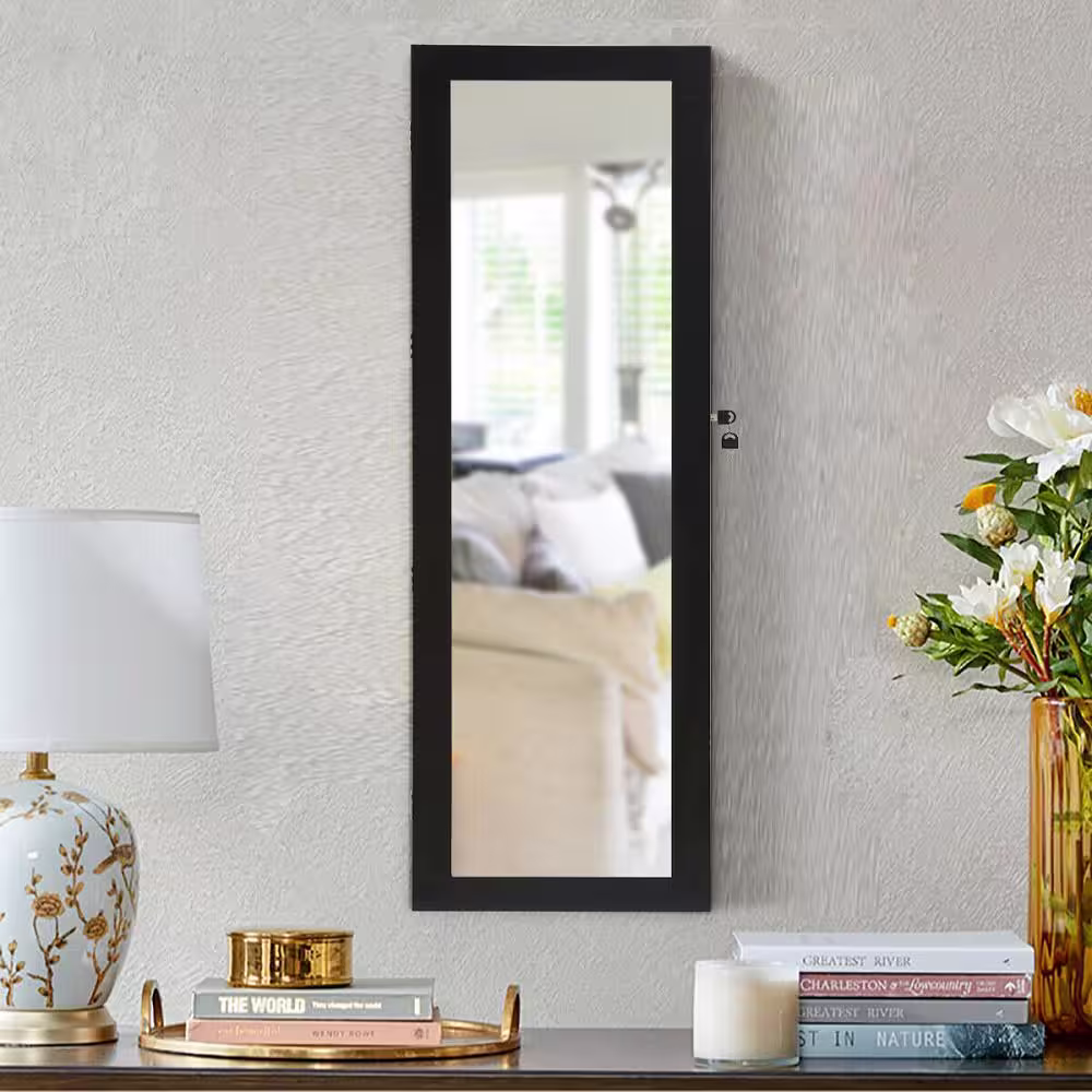 Costway Lockable Mirror Jewelry Cabinet Armoire Organizer Wall Door Mounted with LED Lights