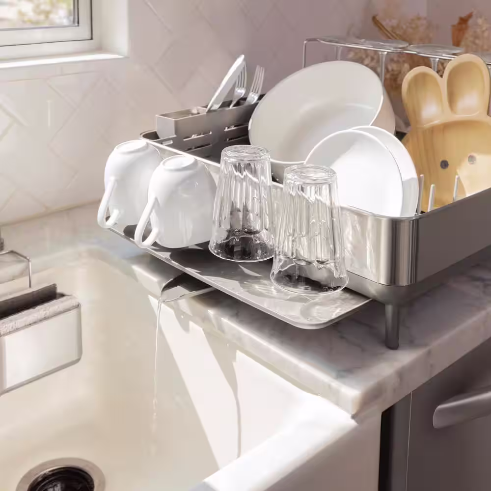 simplehuman Steel Frame Dish Rack with Wine Glass Holder in Fingerprint-Proof Stainless Steel and Grey Plastic