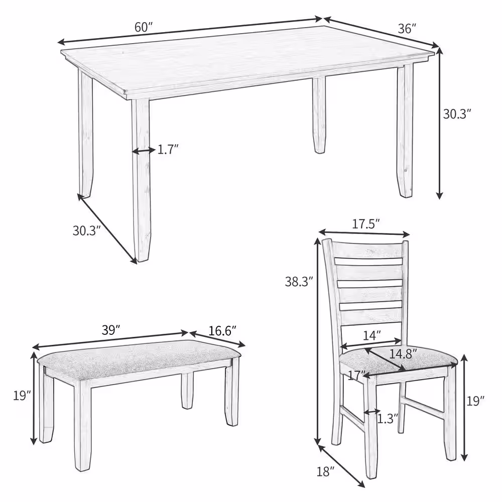 Harper & Bright Designs 6-Piece Gray Rustic Wood Dining Set with Bench