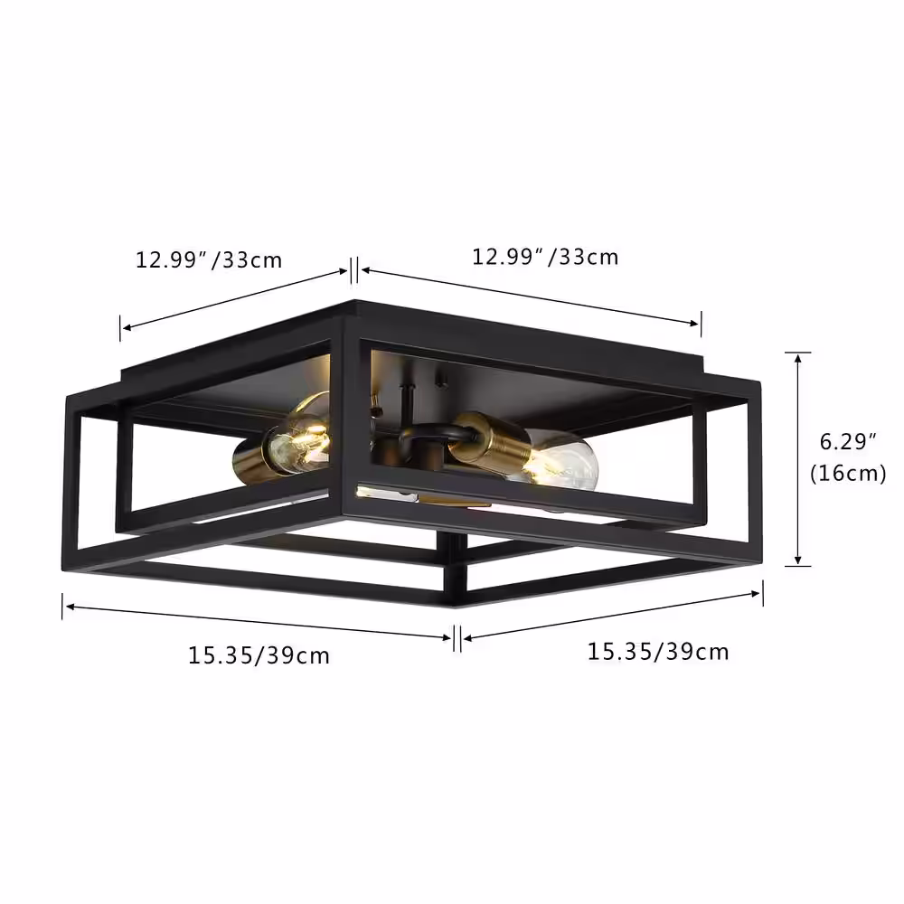 aiwen 15.4 in. 3-Light Black Farmhouse Caged Square Flush Mount Industrial Vintage Ceiling Lighting