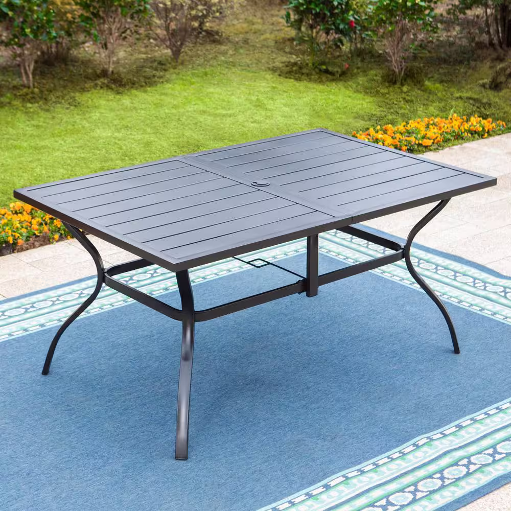 None 7-Piece Black Metal Outdoor Dining Set with Rectangle Dining Slat Table and Swivel Chairs with Beige Cushions