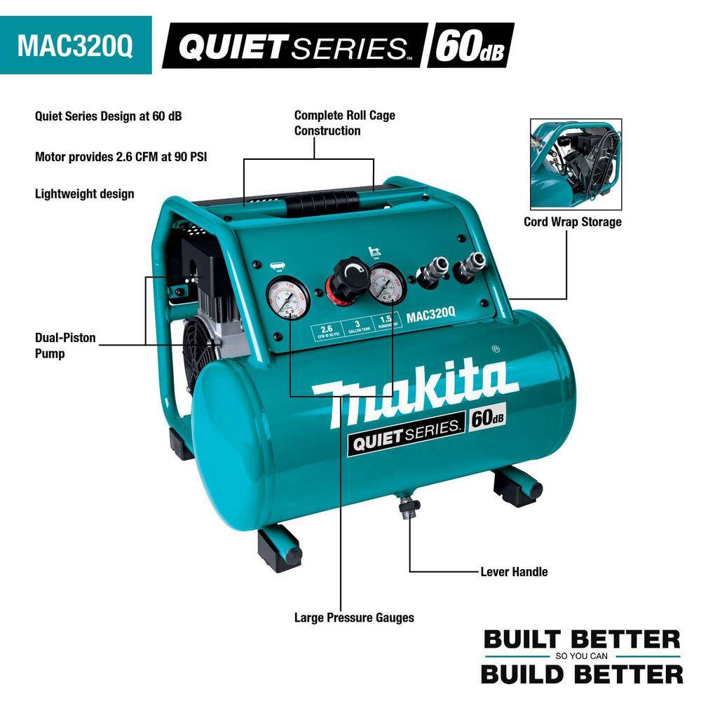 Makita 3 Gal. Quiet Series 1.5 HP, Oil-Free, Electric Air Compressor with Bonus 15-Gauge, 2.5 in. Angled Finish Nailer