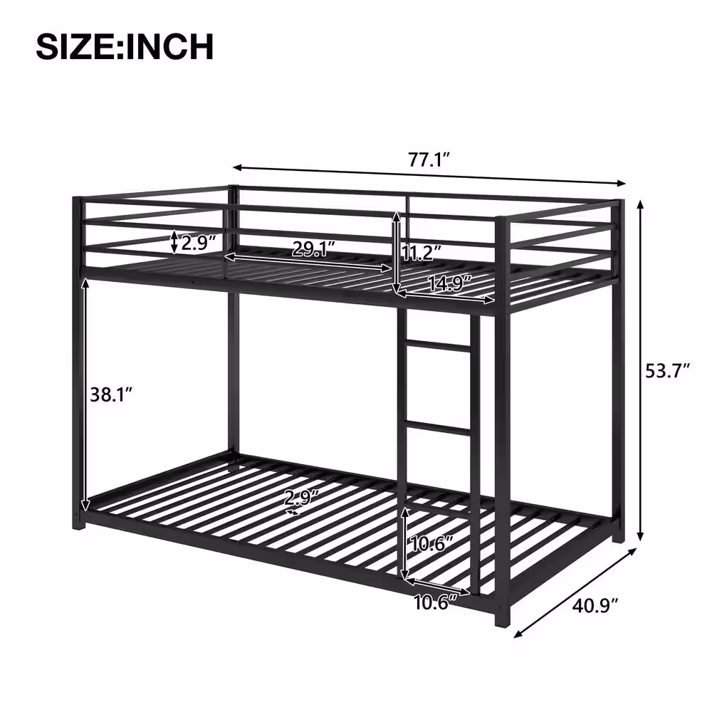 Harper & Bright Designs Black Twin Over Twin Metal Low Bunk Bed with Ladder