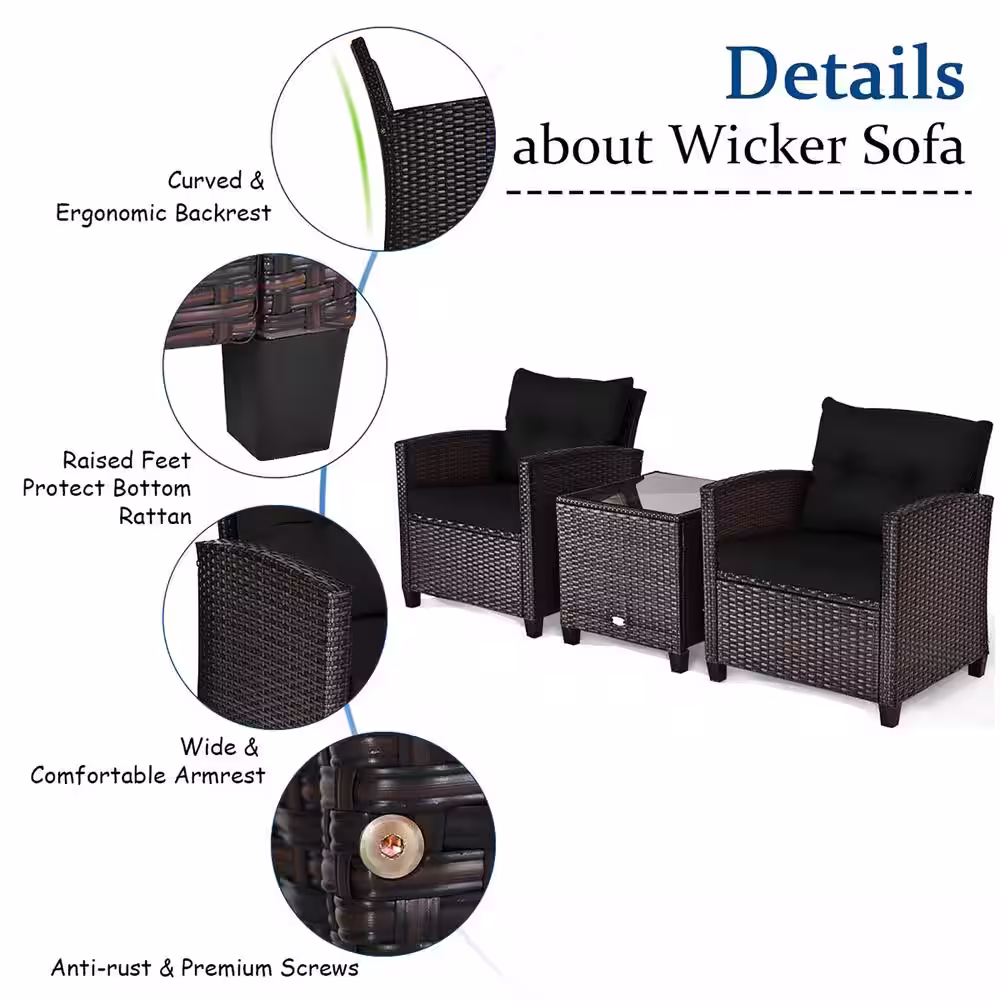 Costway Black 3-Piece Metal Brown Frame Patio Conversation with Black Cushions