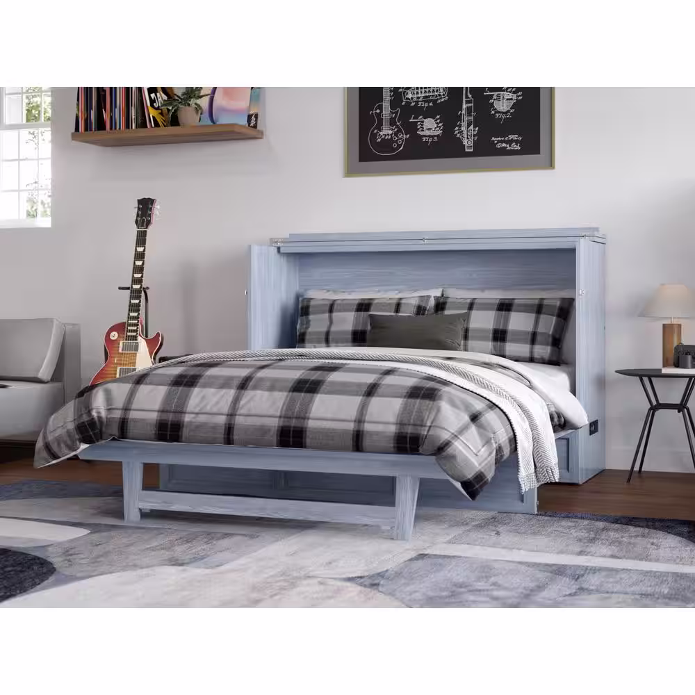 None Northfield Driftwood Solid Wood Frame Queen Murphy Bed with Mattress and Built In Charging Station