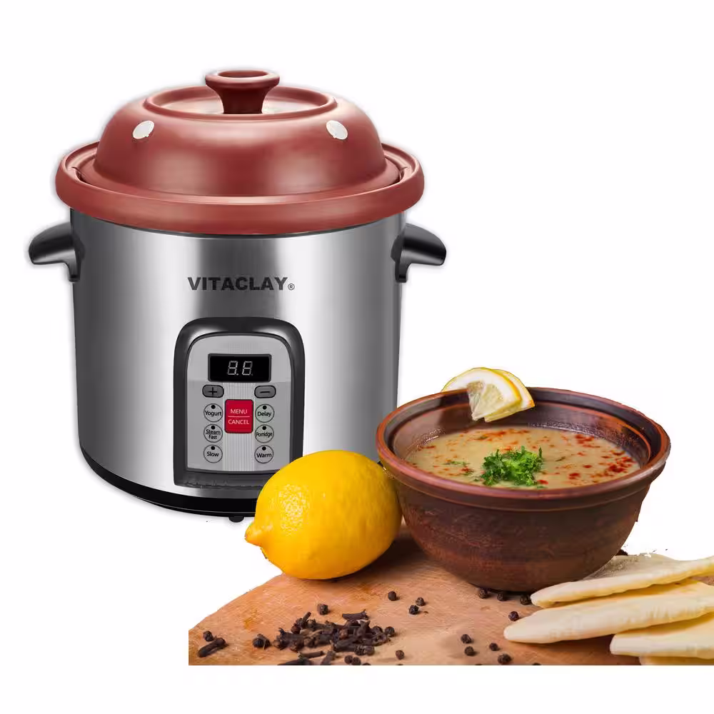 None 6 Qt.Electric Organic Clay Soup Broth Cooker, Quick-Slow Cooker, Steamer and Yogurt Maker in Stainless Steel Housing