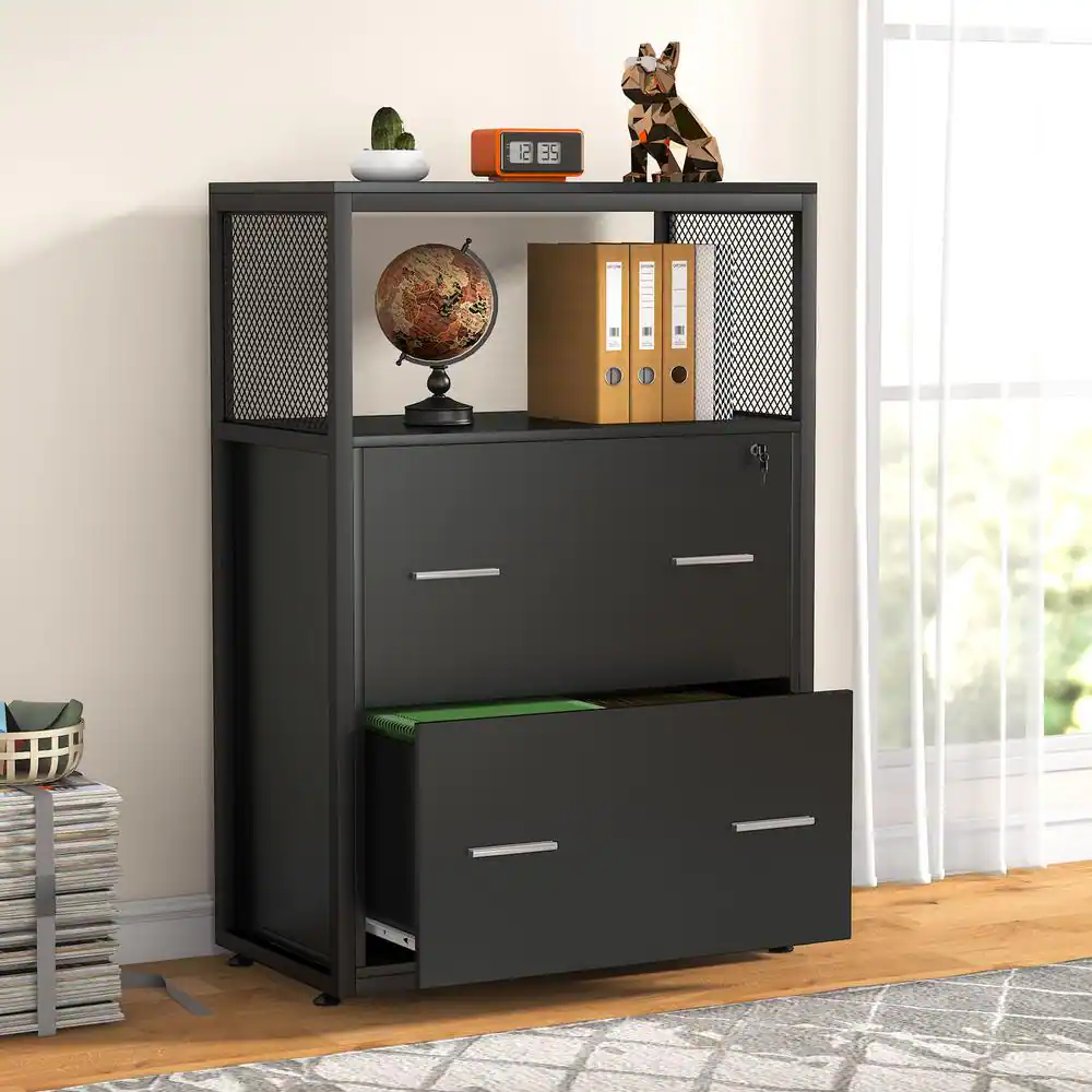 None Atencio Black File Cabinet with Lock Lateral Filing Cabinet Letter/Legal/A4 Size