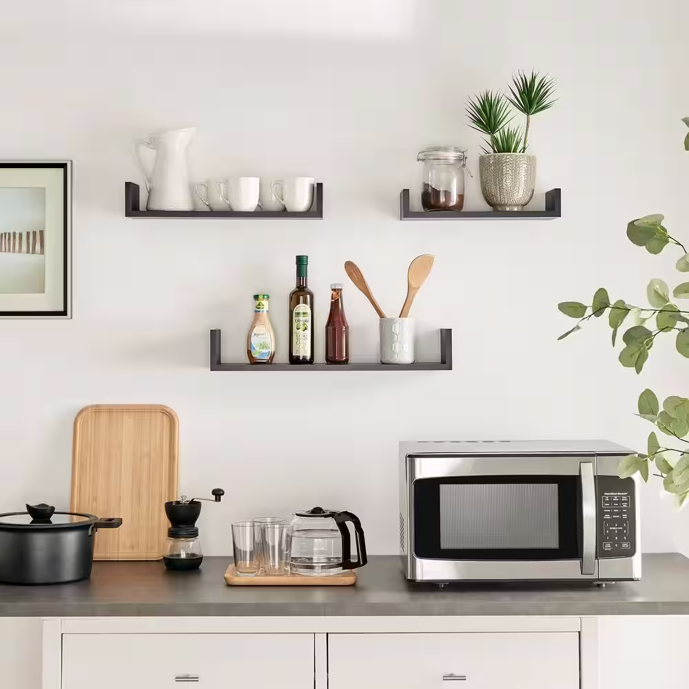 DANYA B Aalto 23.625 in. W x 5.625 in. D x 4.125 in. U-Shaped Floating Decorative Wall Shelf Set - Set of 3 - Black