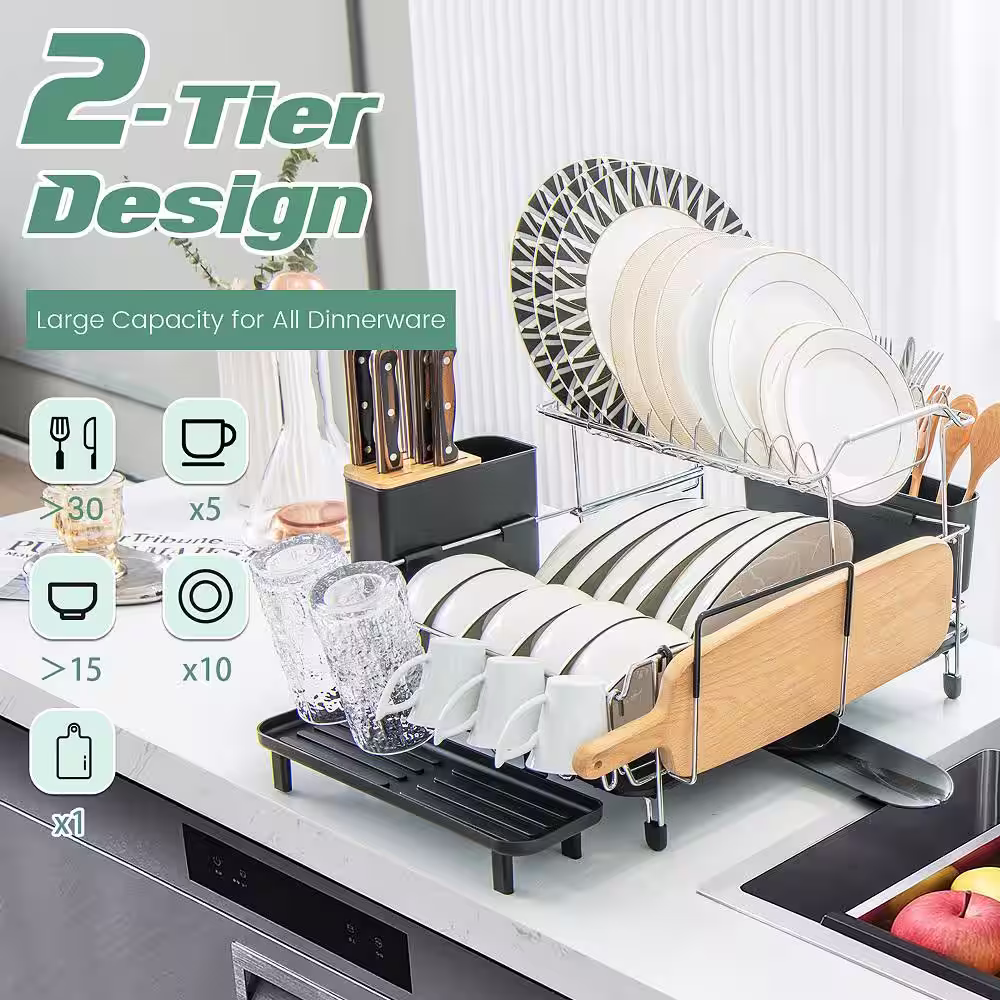 Costway Silver and Black 2-Tier Drying Dish Rack Rustproof Dish Rack and Drainboard Set Kitchen Counter