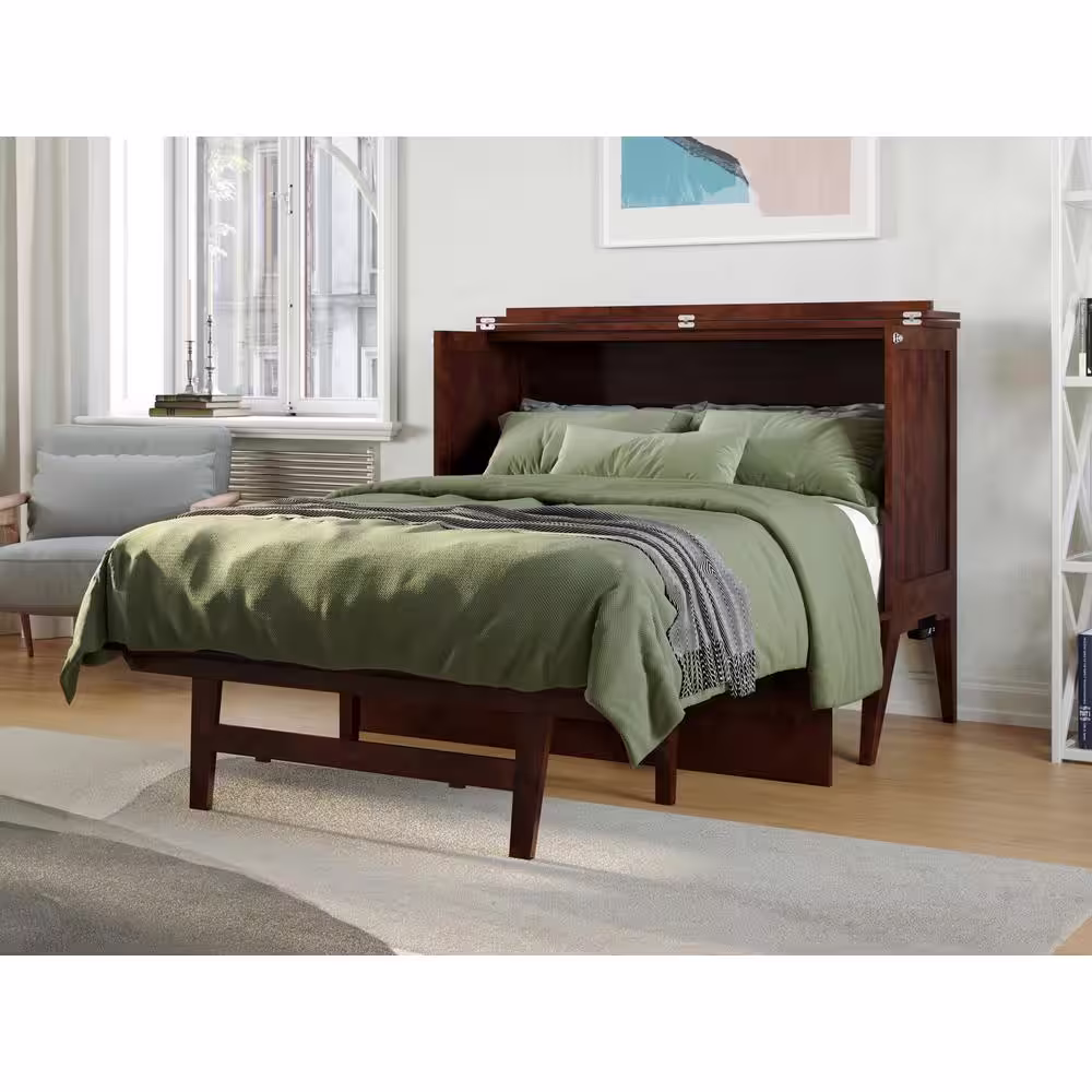 None Northampton Walnut Solid Wood Frame Full Size Murphy Bed Desk with Mattress