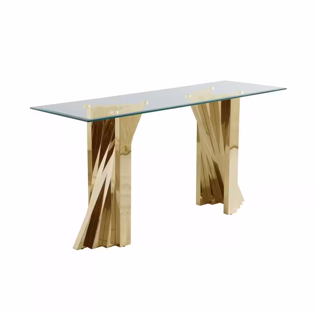 Best Quality Furniture Ozuna 55 in.Tempered Clear Glass Gold Stainless Steel, Rectangle Console Table.
