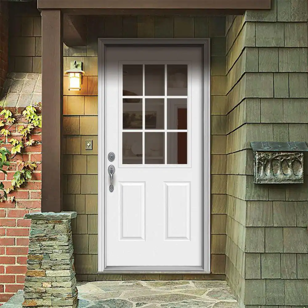 JELD-WEN 32 in. x 80 in. 9 Lite Primed Fiberglass Prehung Right-Hand Inswing Entry Door