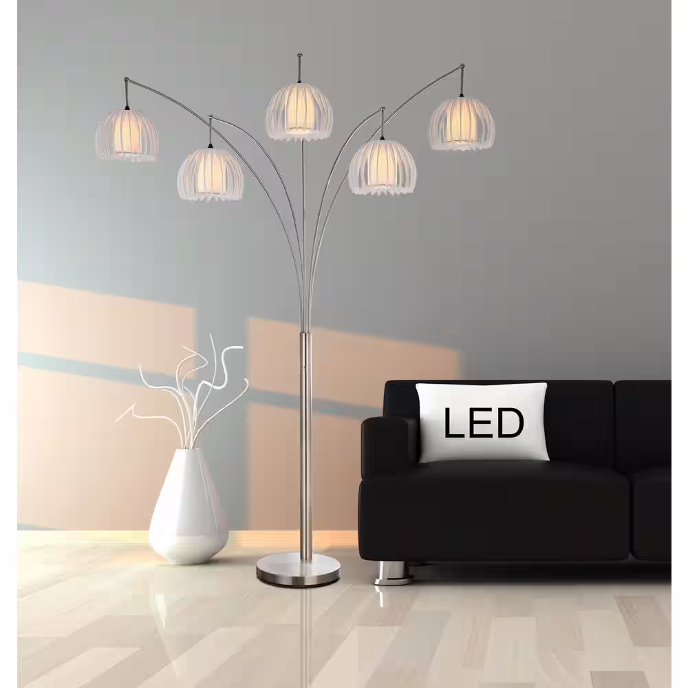 ARTIVA Zucca Brushed Steel 89 in. 5-Arc LED Floor Lamp with Dimmer