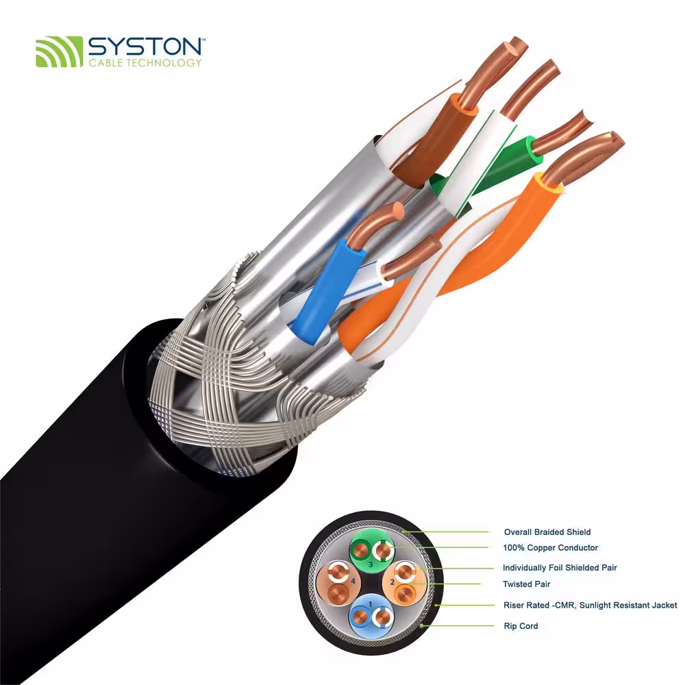 Syston Cable Technology 500 ft. Black 22AWG 4-Pair Solid Copper S/FTP Cat8 Plus CMR Riser Bulk Data Cable
