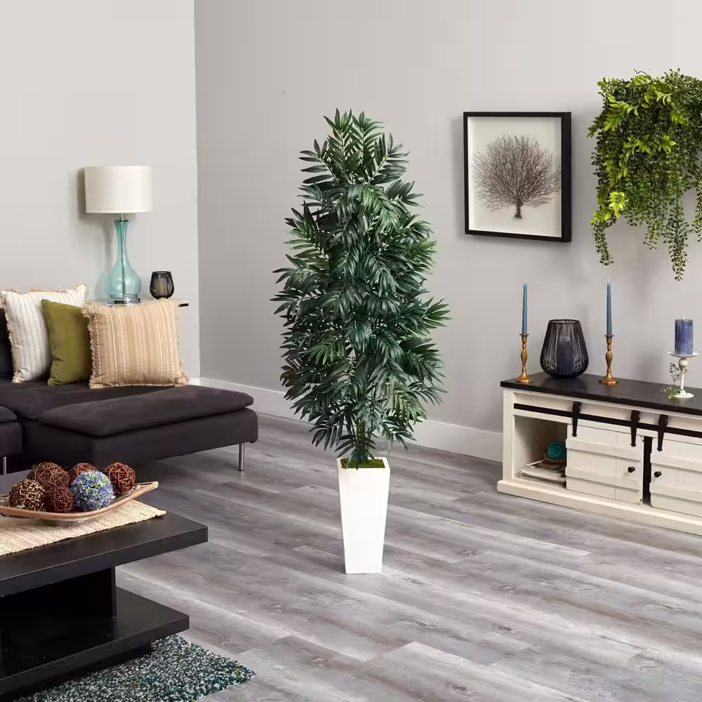 Nearly Natural Indoor 5 ft. Bamboo Palm Artificial Plant in White Planter