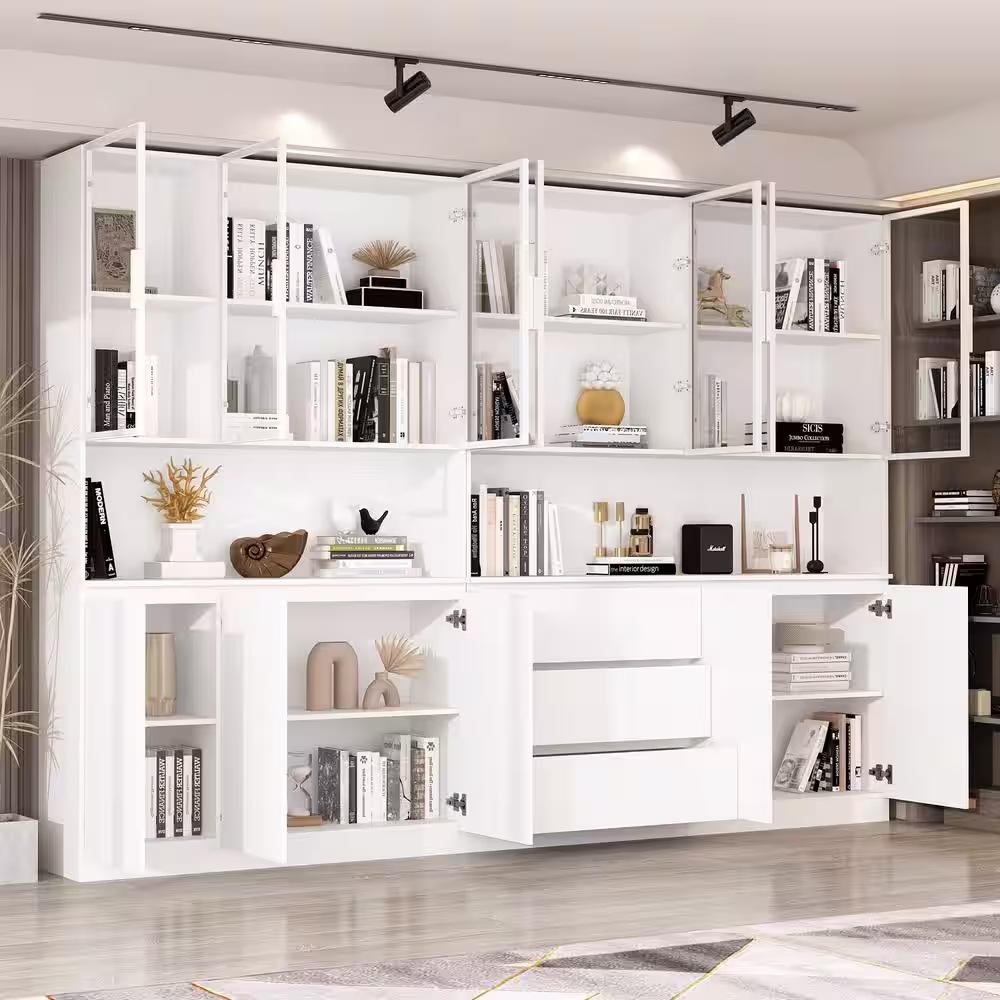 None 78.7 in. Tall White Wood 16-Shelf Standard Bookcase Freestanding Cabinet With Tempered Glass Doors, 3 Drawers