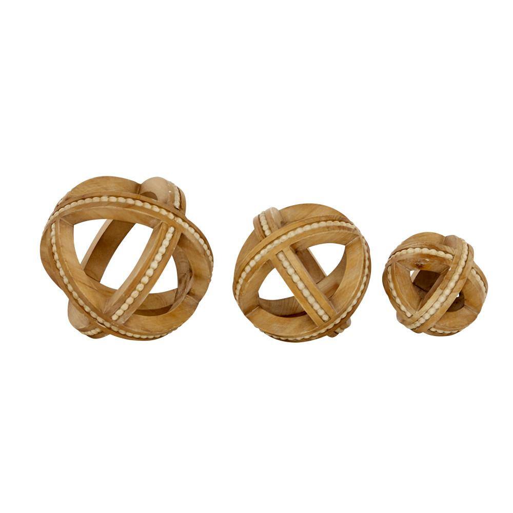 Litton Lane Light Brown Wood Handmade Beaded Geometric Sculpture (Set of 3)