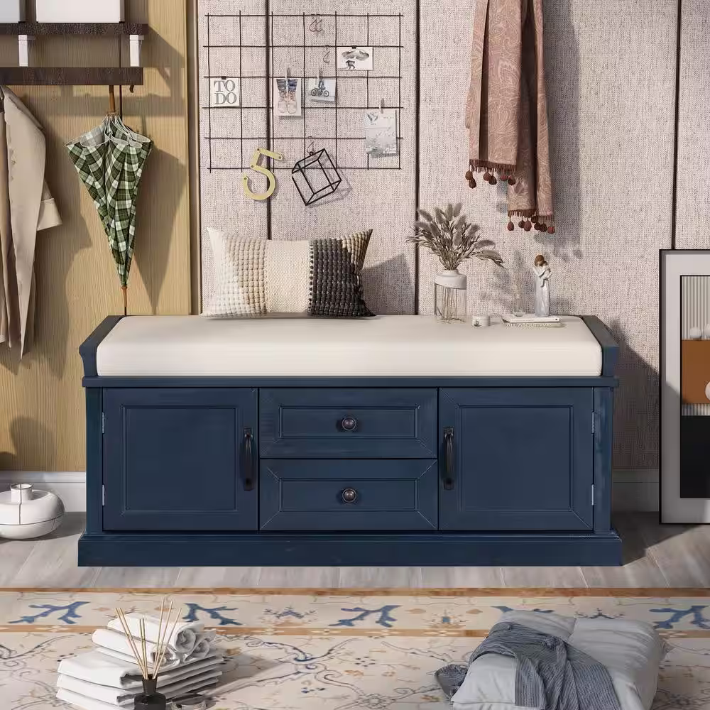 ANBAZAR Navy Blue Wood Entryway Storage Cushioned Shoe Bench Organizer 42.5