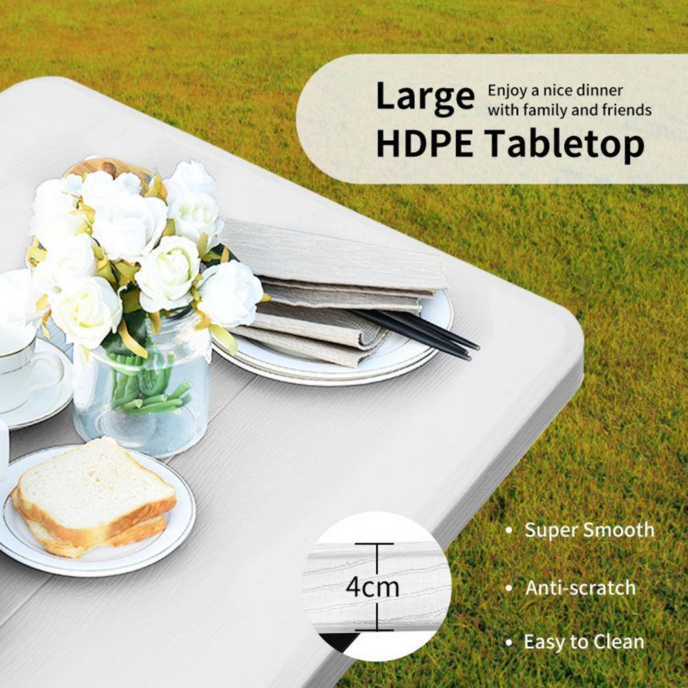 None White Outdoor Picnic Table Bench Set with Metal Base Wood