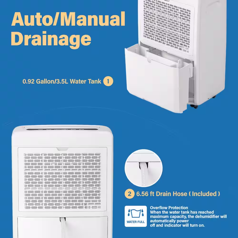 Yaufey 55-Pint Dehumidifier for 4500 sq ft Indoor Space With Drain and Tank, White