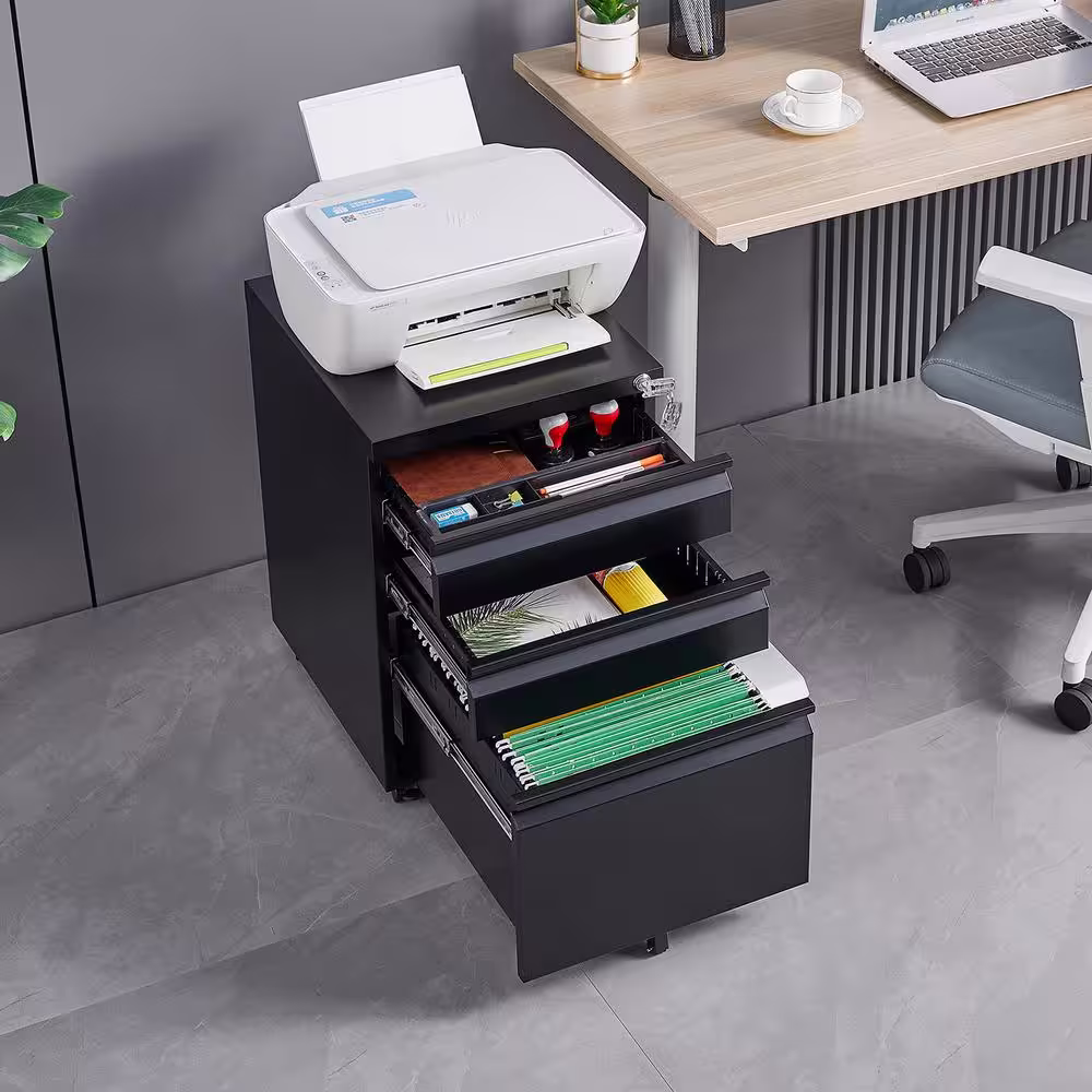 None Black 3-Drawer Mobile File Cabinet, Under Desk Metal Rolling Filing Cabinet with Lock for Legal/Letter/A4 File