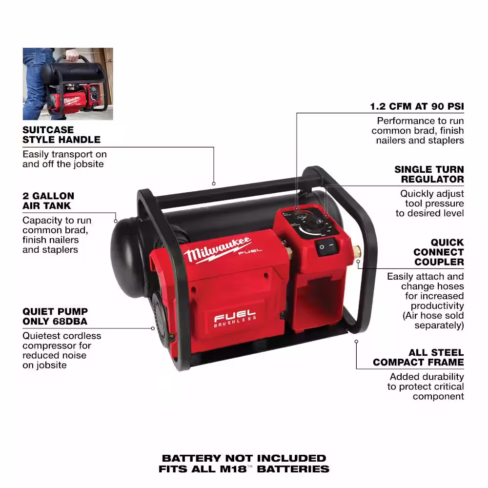 Milwaukee M18 FUEL Brushless Electric 2 Gal. Compact Cordless Quiet Air Compressor with Brushless 1/4 in. Right Angle Die Grinder