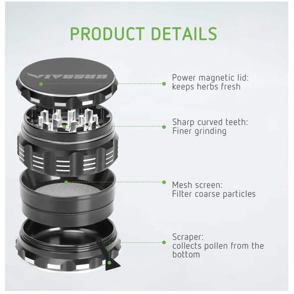 VIVOSUN 2.5 in. Herb Grinder Aluminium Spice Grinder With Pollen Scraper for Kitchen in Black