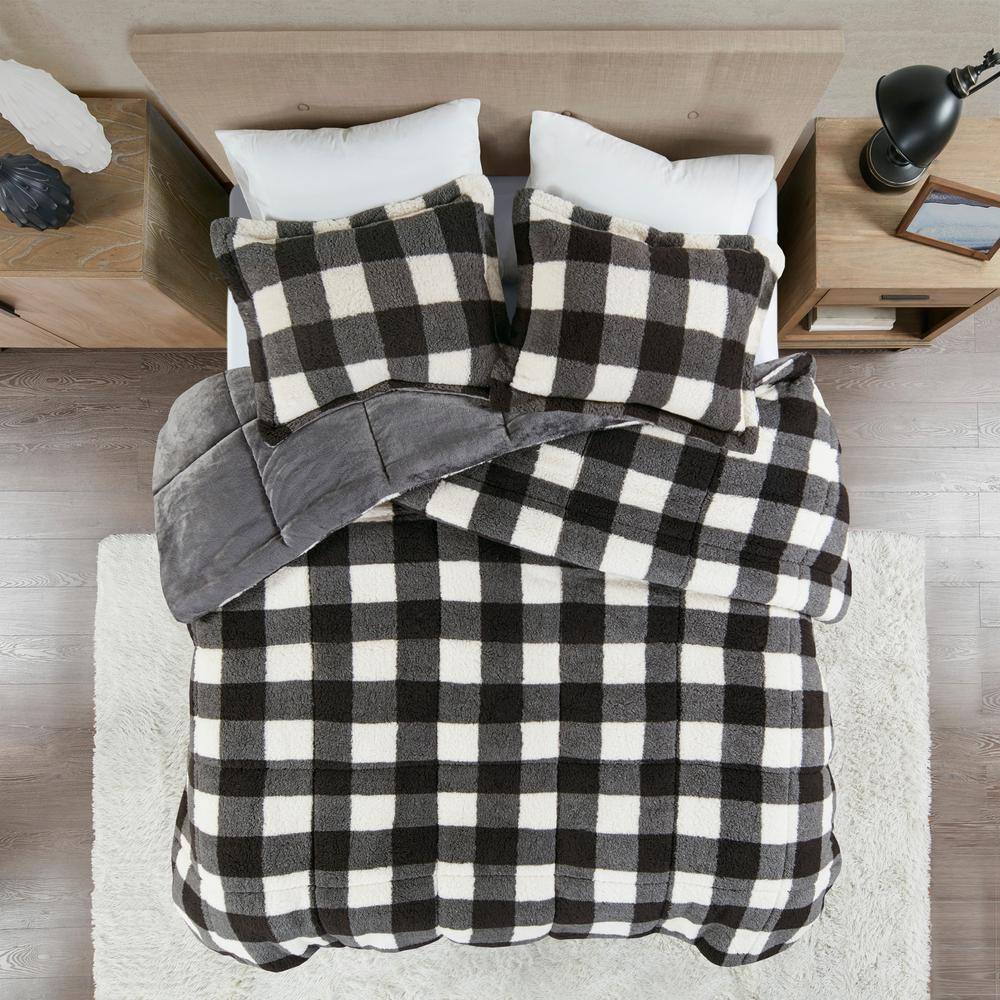 None Mason Extra Warmth 3-piece Ivory/Black King Print Sherpa Down Alternative Comforter Set