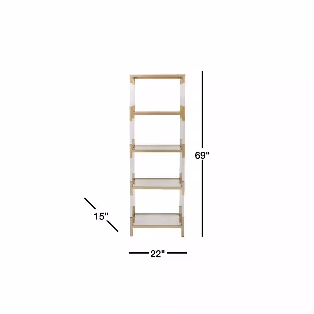 Litton Lane 5 Shelves Acrylic Stationary Gold Shelving Unit with Clear Glass Top and Acrylic Legs