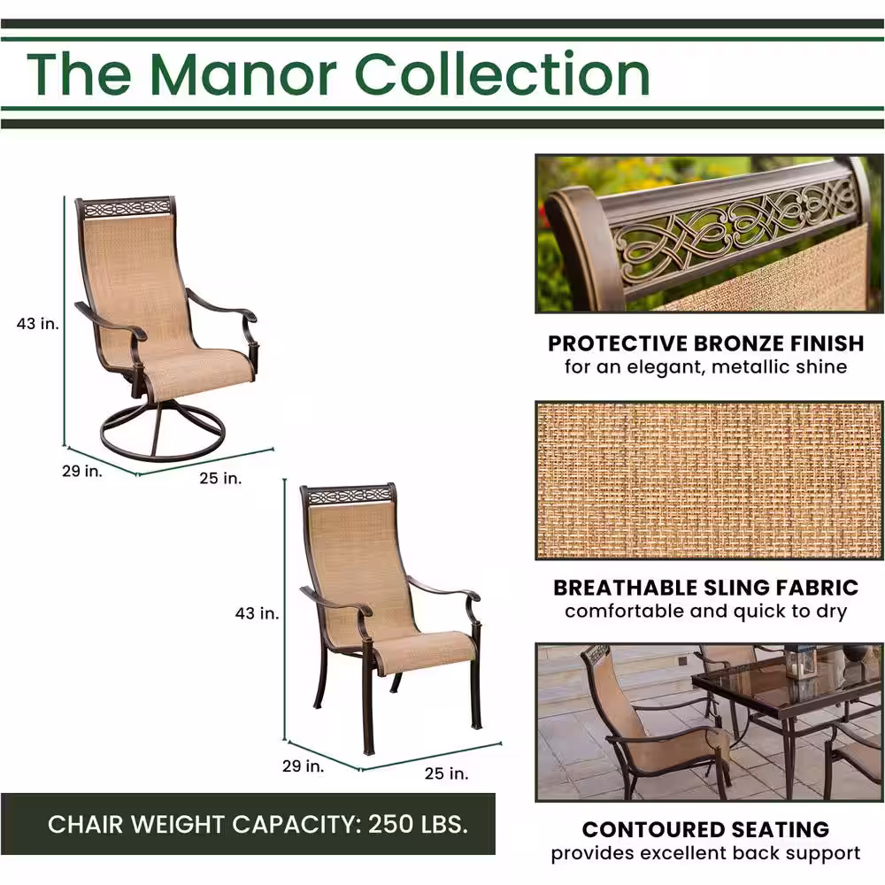 Hanover Monaco 7-Piece Aluminum Outdoor Dining Set with Rectangular Glass-Top Table and Contoured Sling Swivel Chairs