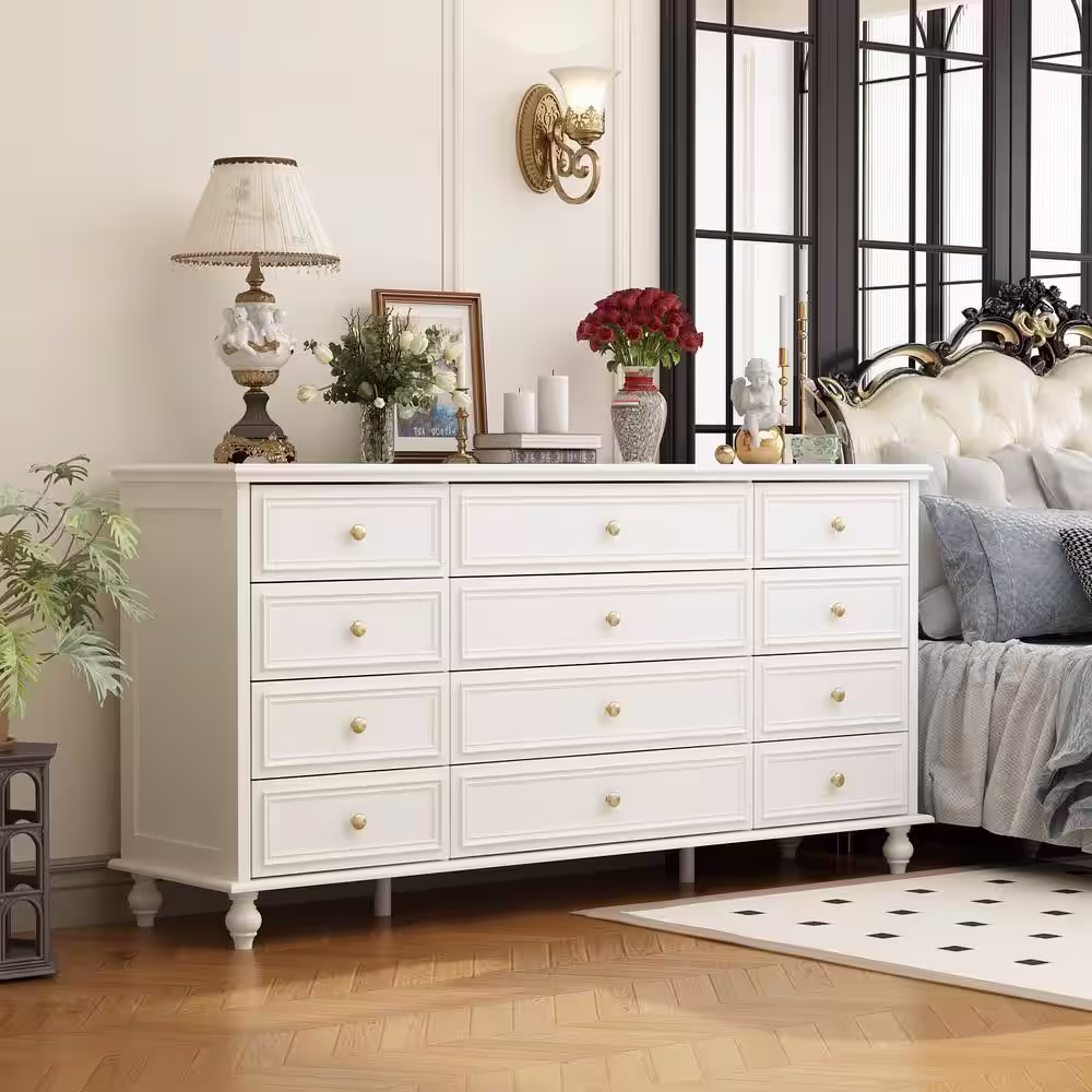 FUFU&GAGA White Wooden 12-Drawer Chest of Drawers 63 in. W x 31.5 in. H x 15.7 in. D Dresser, Modern European Style