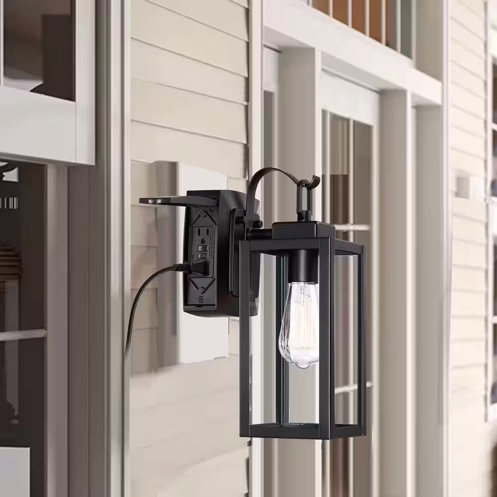 Pia Ricco 1-Lights Black Exterior Porch Lights with GFCI Outlet Outdoor Sconce E26 Base