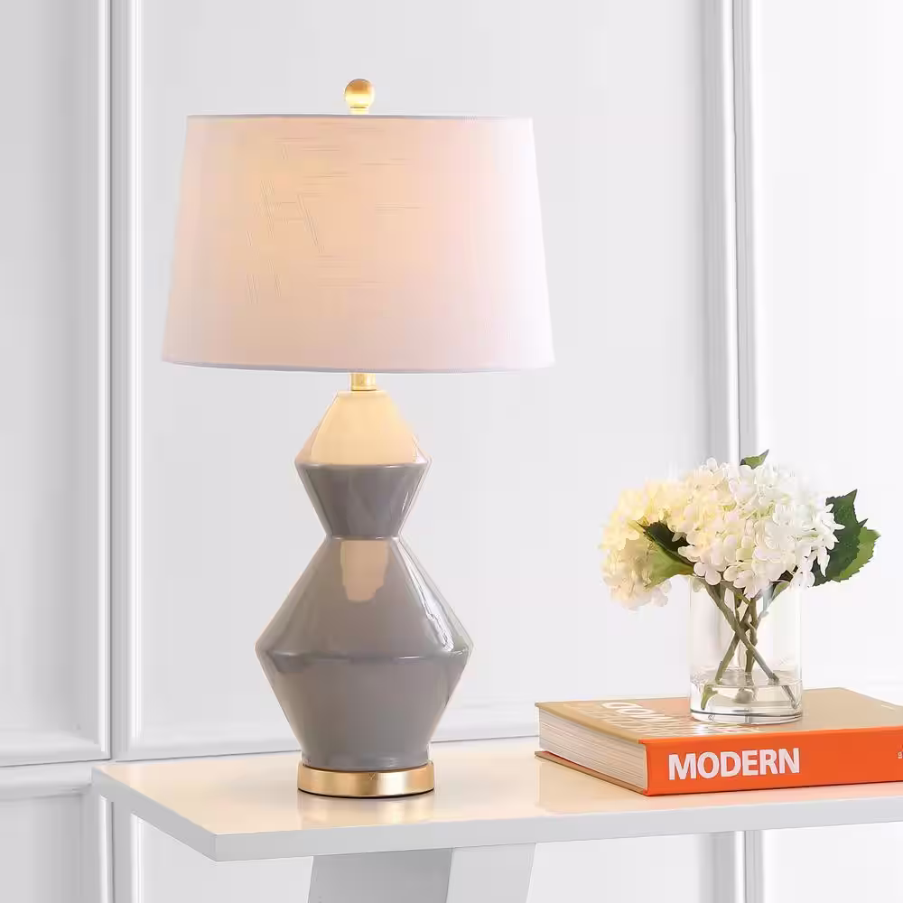 JONATHAN Y Alba 29 in. Gray/Gold Leaf Geometric Ceramic/Metal LED Table Lamp