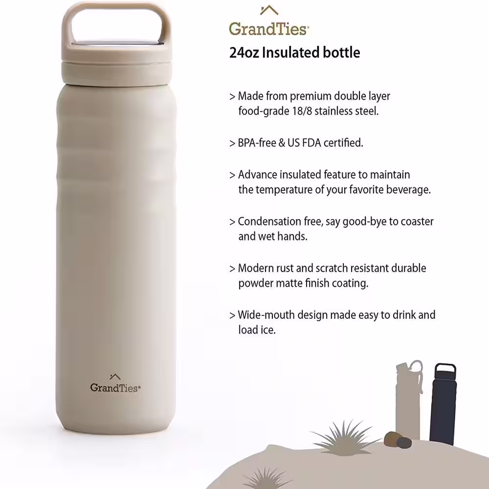 None 24 oz. Ivory White Travel Water Bottle - Wide Mouth Vacuum Insulated Water Bottle with 2-Style Lids