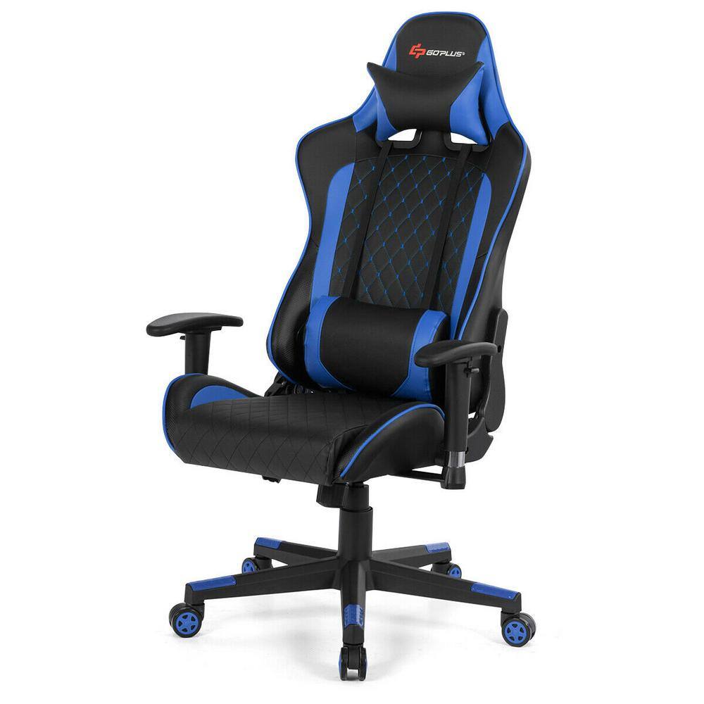 None Black and Blue Massage Gaming Chair with Lumbar Support and Headrest