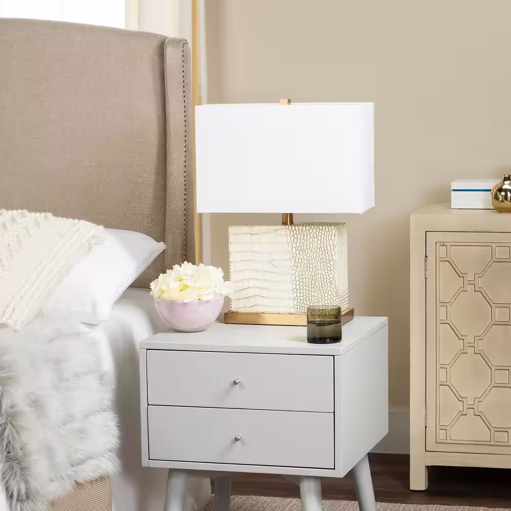 SAFAVIEH Delia 20.5 in. Cream/Brown Faux Alligator Table Lamp with Off-White Shade