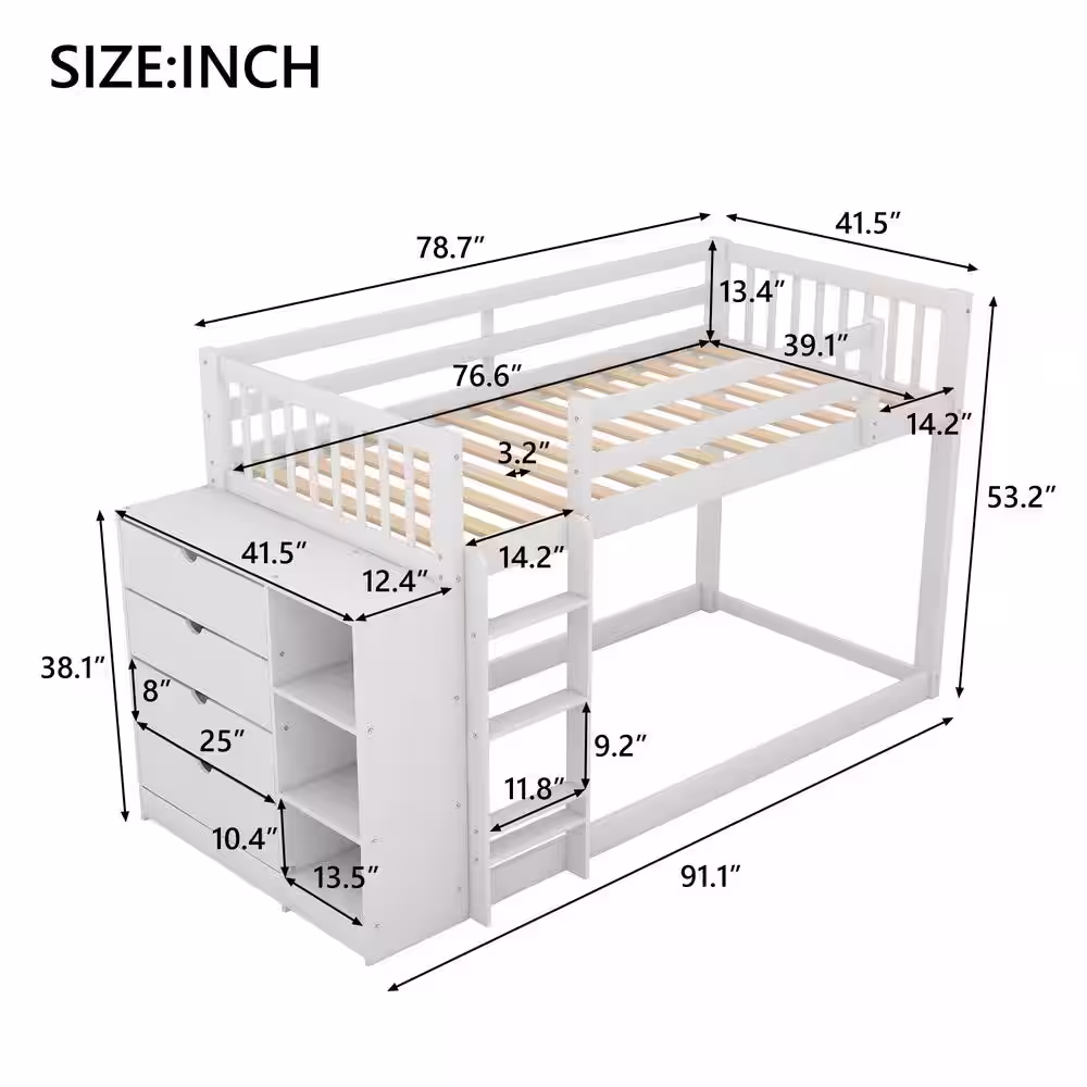 Harper & Bright Designs White Twin over Twin Wood Bunk Bed with Attached Cabinet and Storage Shelves