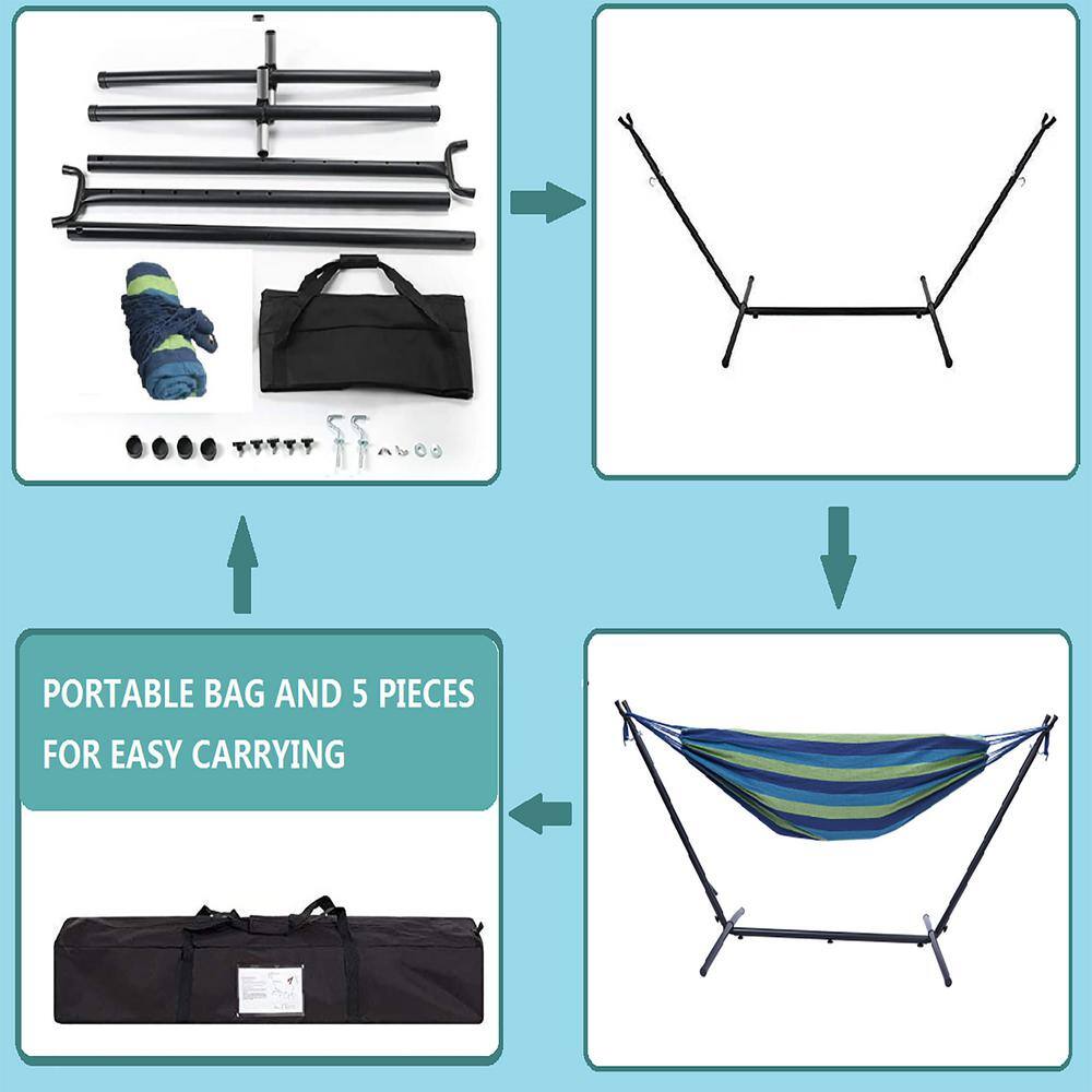 None 9.3 ft. Blue Double Classic Hammock Bed with Stand and Carrying Bag