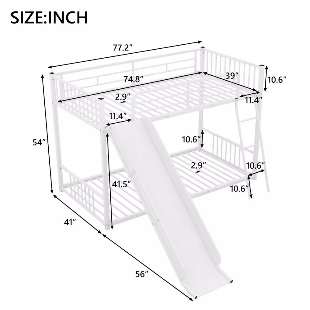 Harper & Bright Designs White Twin over Metal Bunk Bed with Slide