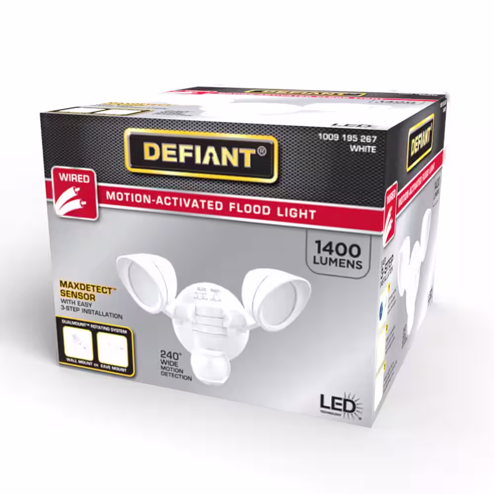 Defiant MaxDetect 240-Degree White Motion Activated Wired Outdoor 2-Head Dusk-to-Dawn LED Security Flood Light 1400 Lumens