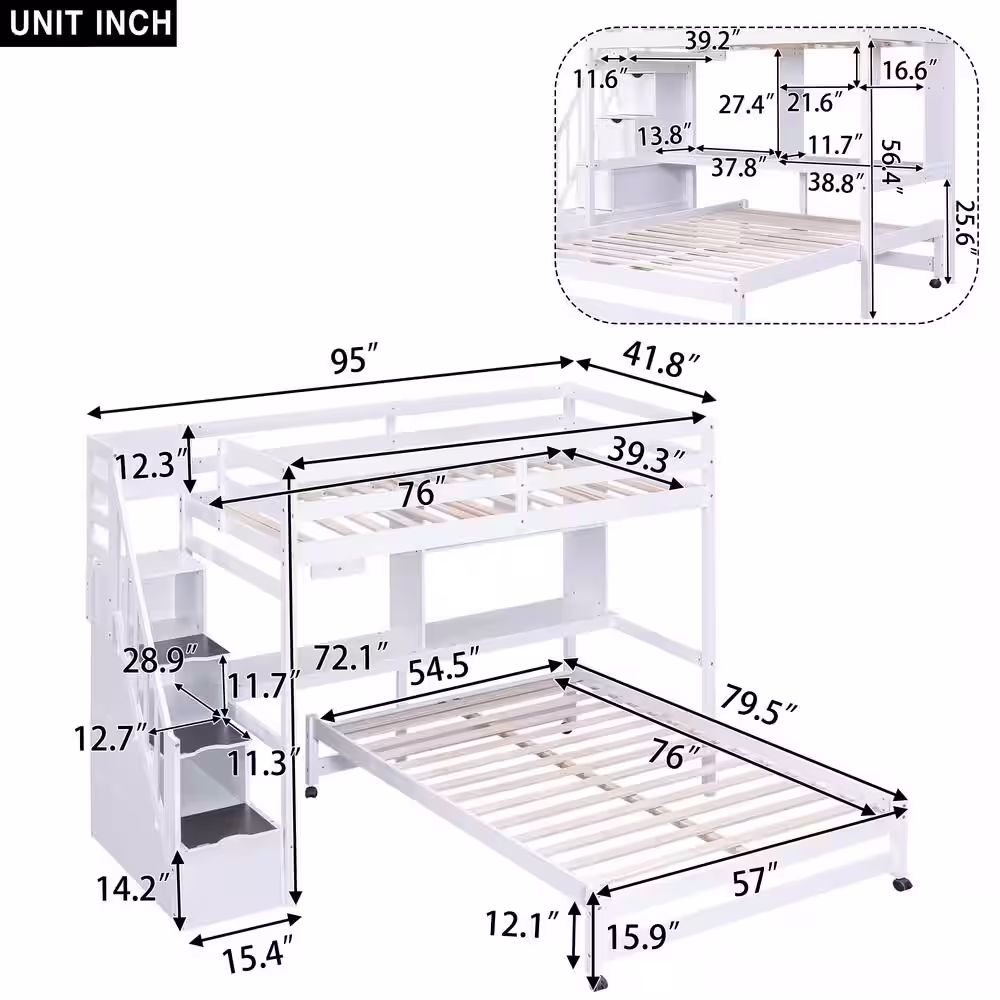Harper & Bright Designs White Twin over Full Multifunctional Wood Bunk Bed with Storage Staircase, Desk, Shelves and Hanger for Clothes