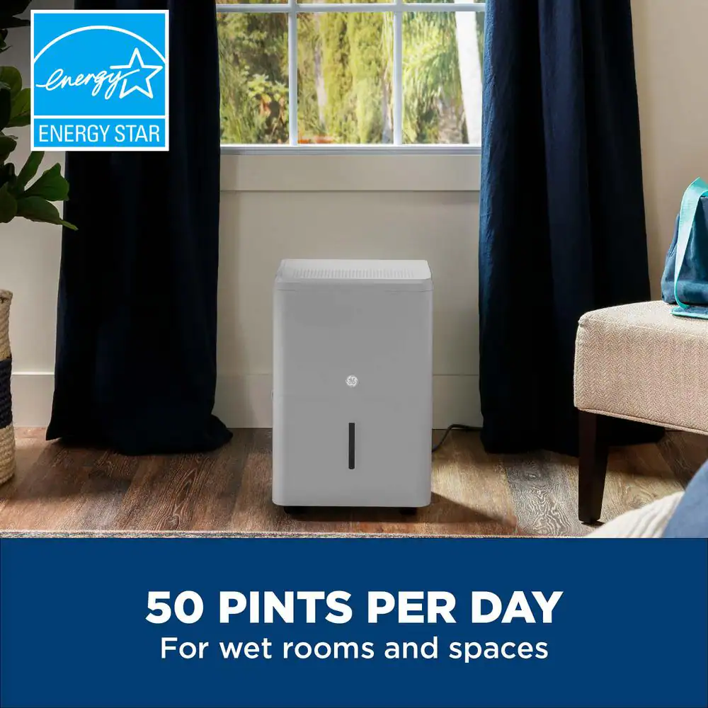 GE 50-Pint Dehumidifier for Basement, Garage or Wet Rooms up to 4500 sq. ft. in Grey, Smart Dry, ENERGY STAR