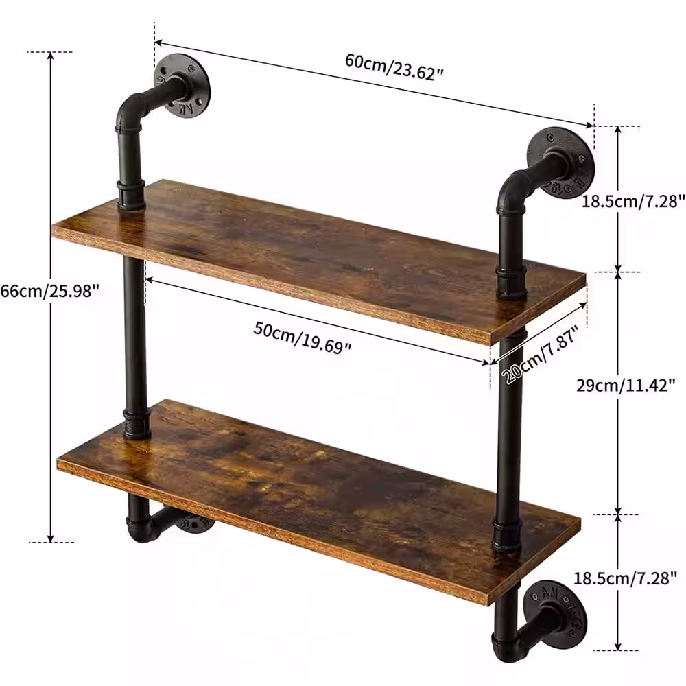 None 24 in. W x 10 in. D Rustic Brown Wood Decorative Wall Shelf, 2 Tiers Retro Wall Mounted Floating Shelf