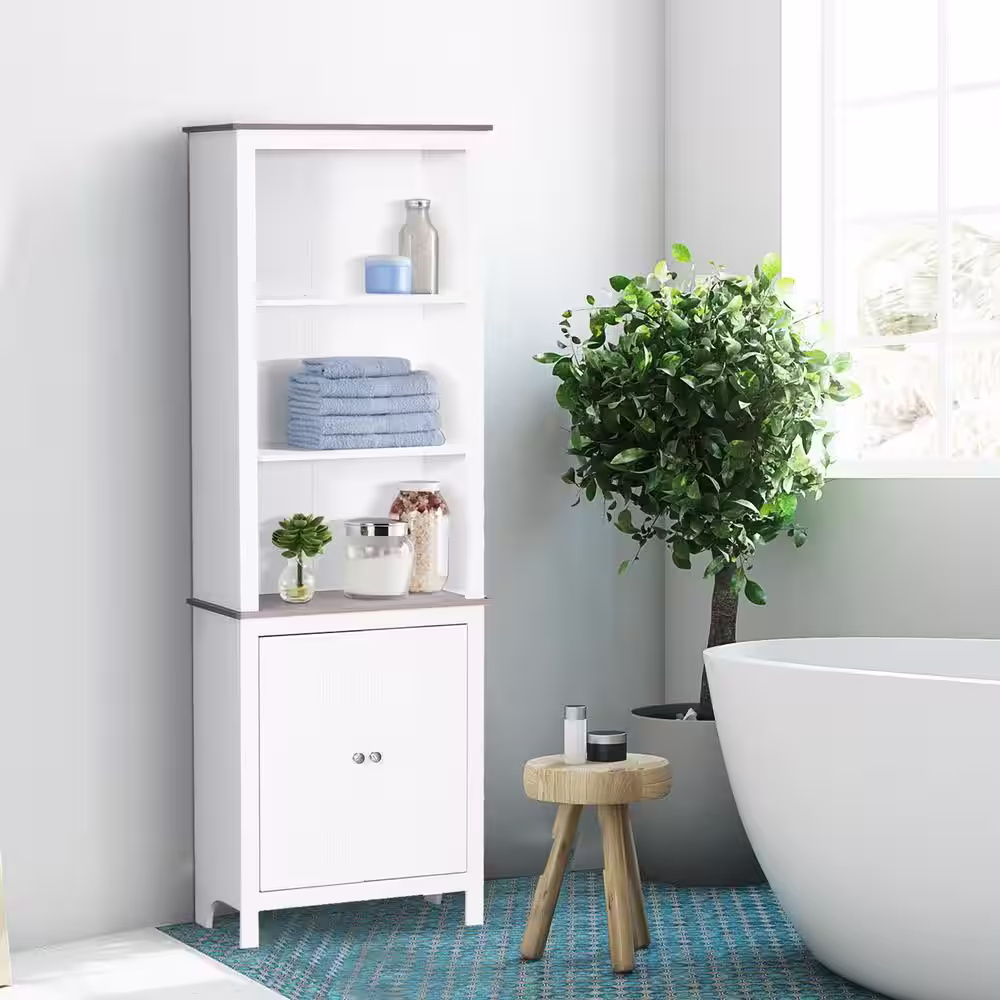 HOMCOM White Storage Cabinet, Bathroom Linen Tower, Kitchen Cupboard, Cabinet, Bookcase with Double Door 3-Tier Shelf